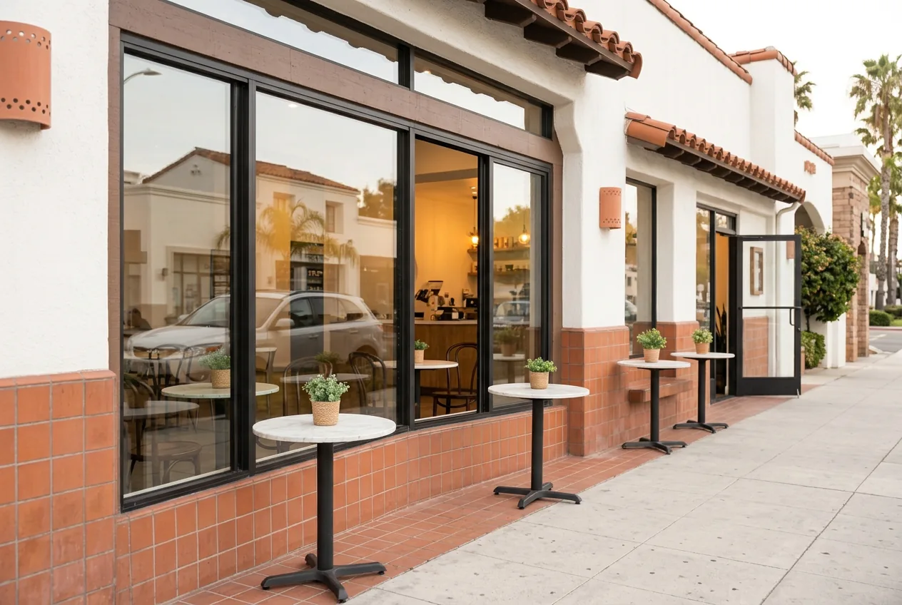 Illustrative Southern California café exterior with large windows and outdoor tables