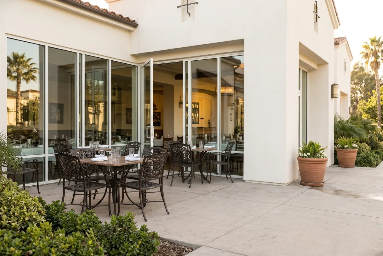 Illustrative restaurant exterior with clean windows, patio and storefront