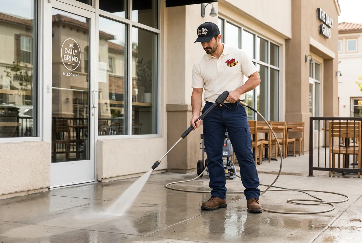 Illustrative Tasty & Tidy tradesperson pressure washing a restaurant entrance walkway